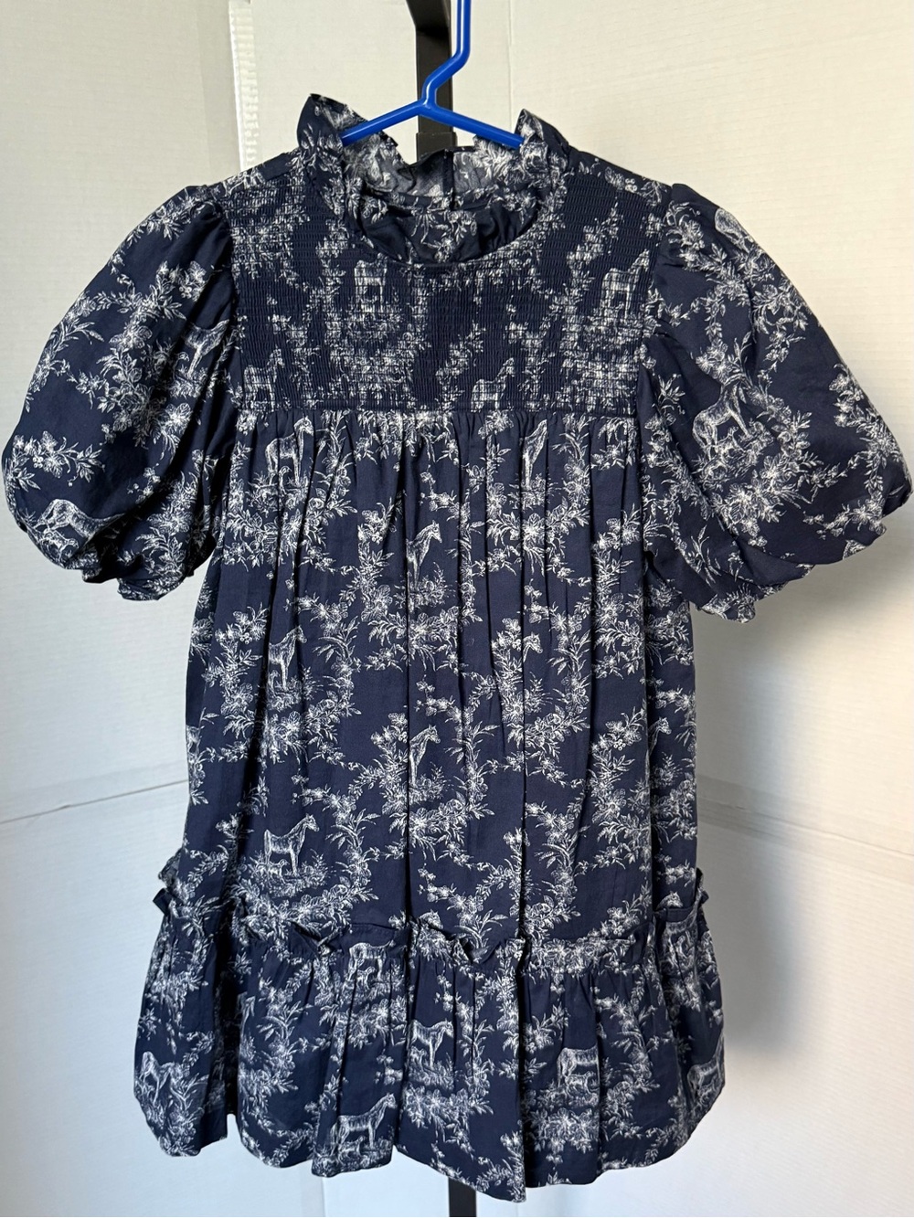 Girl’s Janie and Jack Olivia Navy Toile Smocked Puff-Sleeve Dress Size 6
